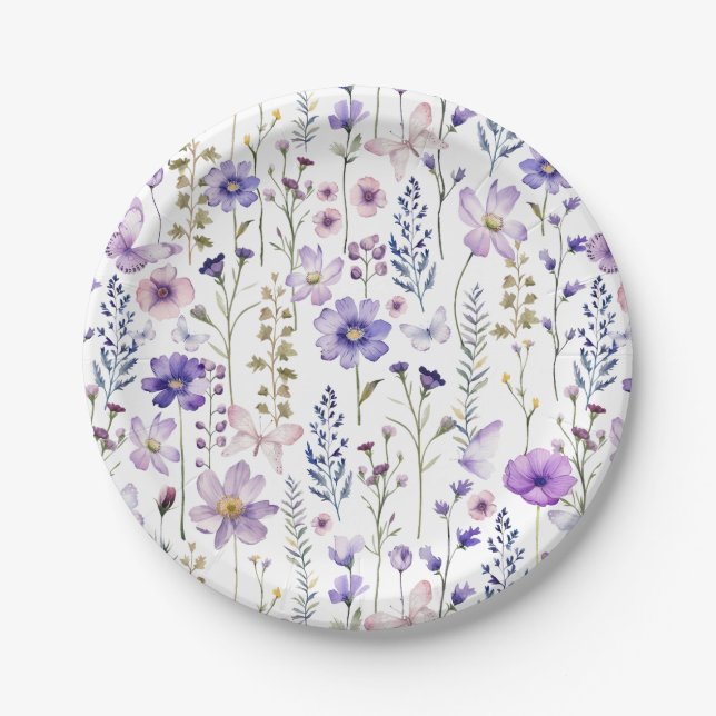 Purple Wildflowers Spring Party Paper Plates (Front)