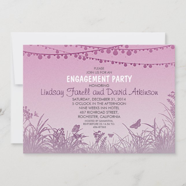 purple wildflowers string lights engagement party invitation (Front)