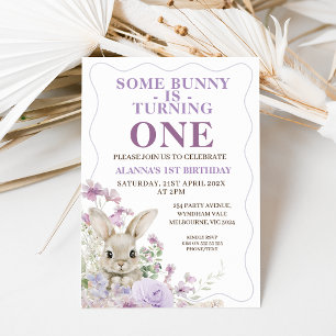 Purple Wildflowers Wavy Bunny 1st Birthday Invitation
