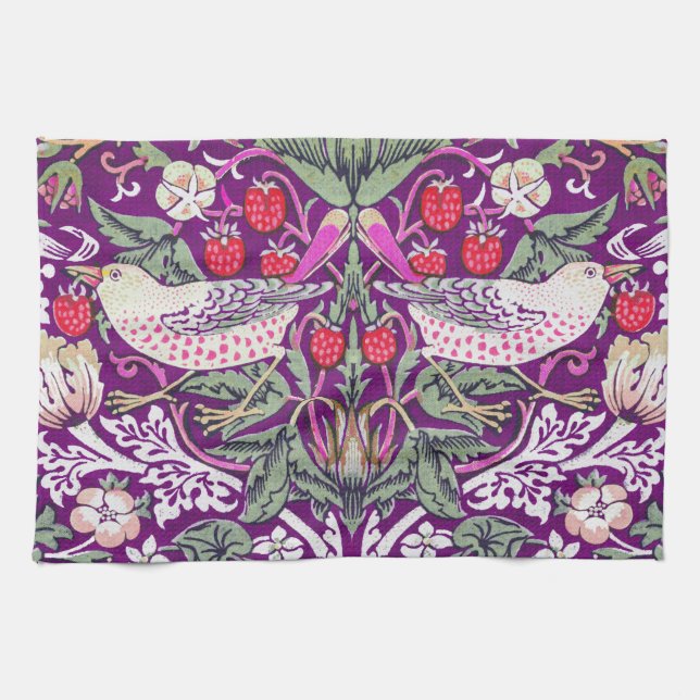 Purple William Morris Strawberry Thief Pattern Kitchen Towel (Horizontal)