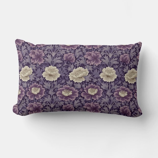 Purple William Morris Style Floral  Lumbar Pillow (Front)