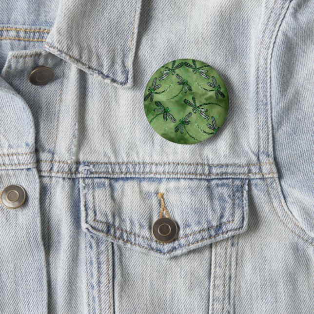 Purple Winged Dragonflies on Soft Lime Green 2 Inch Round Button (In Situ)