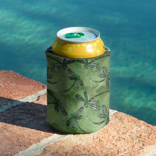 Purple Winged Dragonflies on Soft Lime Green Can Cooler (In Situ Pool)