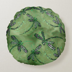 Purple Winged Dragonflies on Soft Lime Green Round Pillow