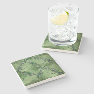 Purple Winged Dragonflies on Soft Lime Green Stone Coaster