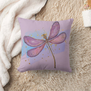 Purple Winged Watercolor Dragonfly Throw Pillow