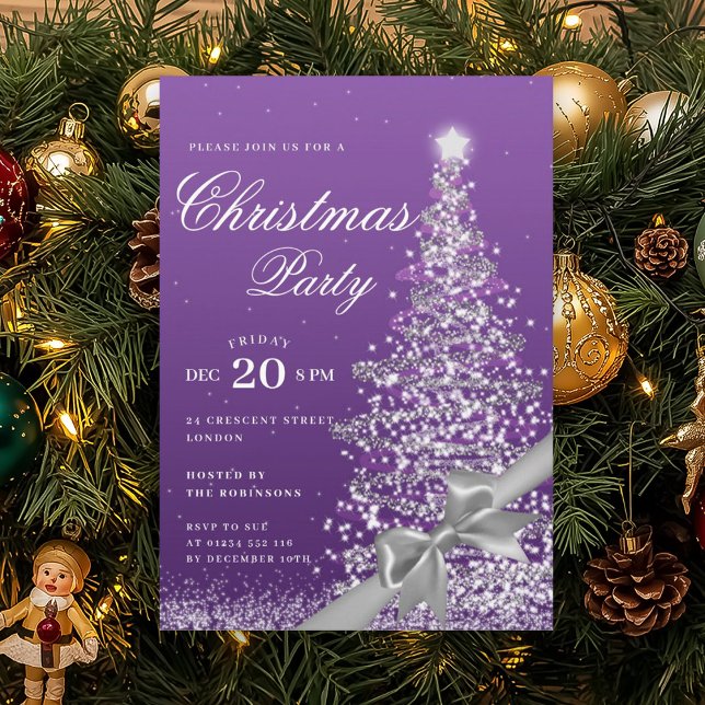 Purple Winter Christmas Tree Bow Holiday  Invitation (Purple Winter Christmas Tree Bow Holiday Invitation)