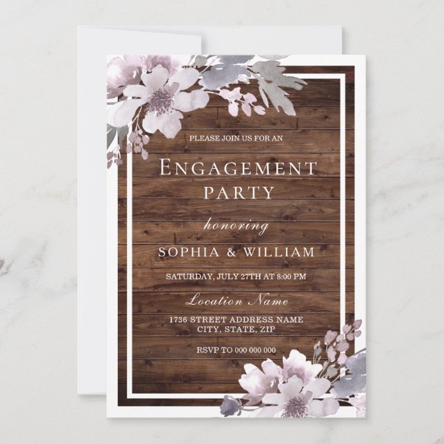 Purple Winter Floral Rustic Engagement Party Invitation (Front)
