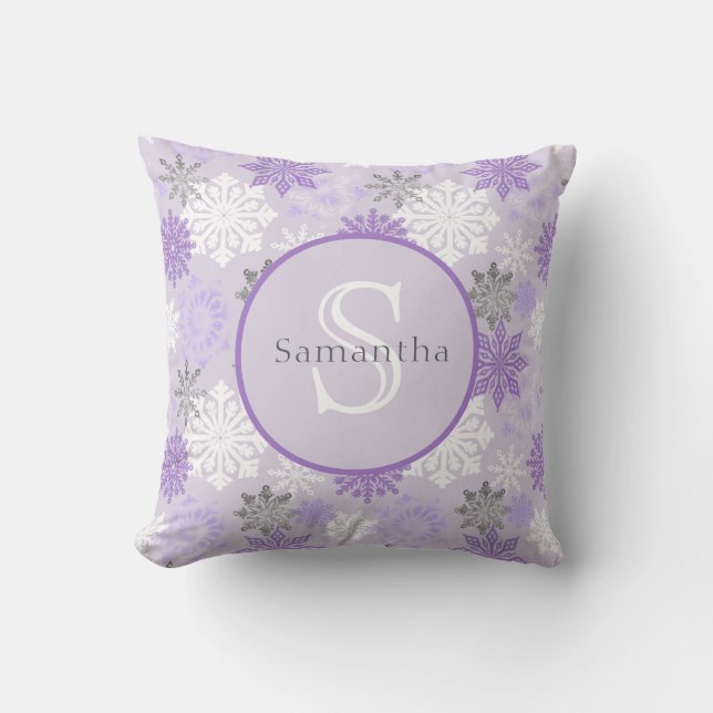 Purple Winter Snowflake Personalized Monogram Throw Pillow (Front)