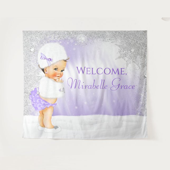 Purple Winter Wonderland Baby Shower Backdrop Tapestry (Front (Horizontal))