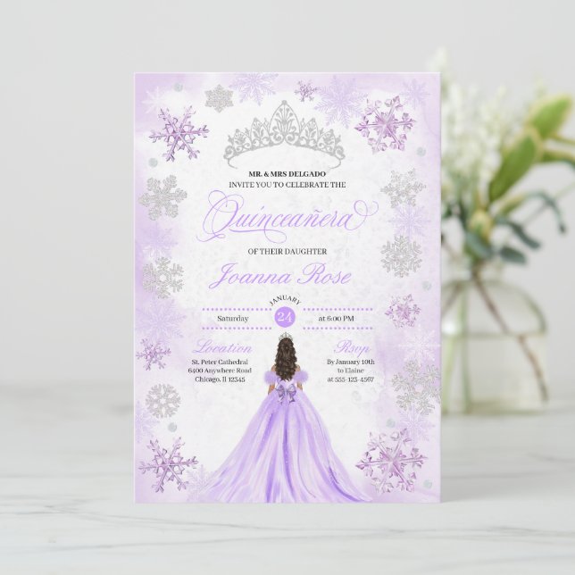 Purple Winter Wonderland Snowflake Quinceanera Invitation (Standing Front)