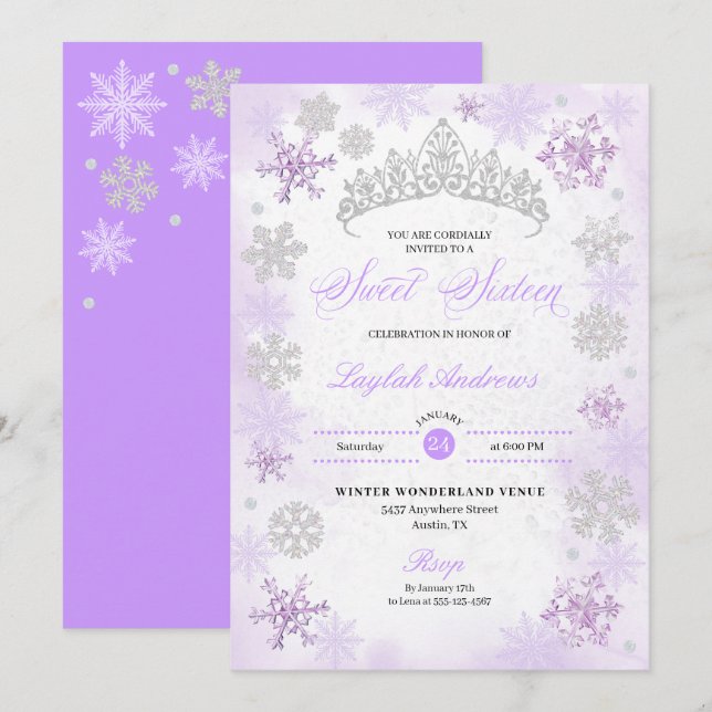 Purple Winter Wonderland Snowflake Sweet 16 Invitation (Front/Back)