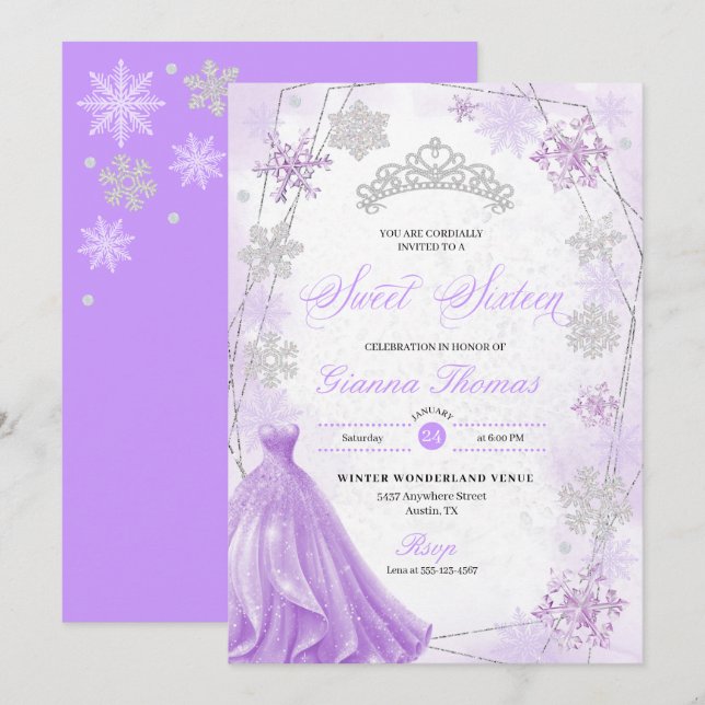 Purple Winter Wonderland Snowflake Sweet 16 Invitation (Front/Back)