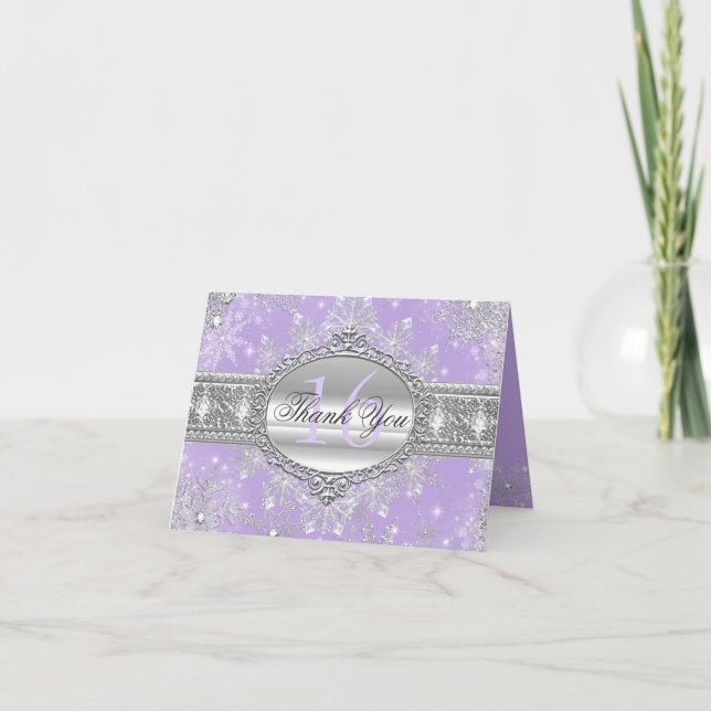 Purple Winter Wonderland Sweet 16 Thank You Card (Front)