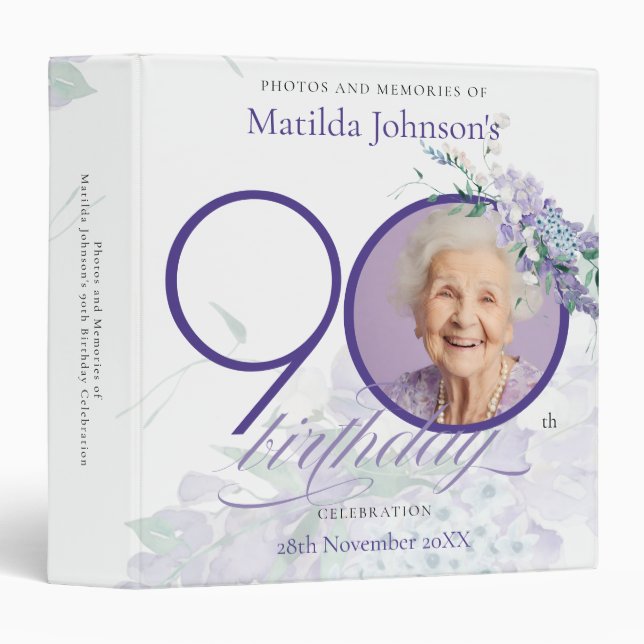 Purple Wisteria Floral Custom 90th Birthday  Binder (Front/Spine)