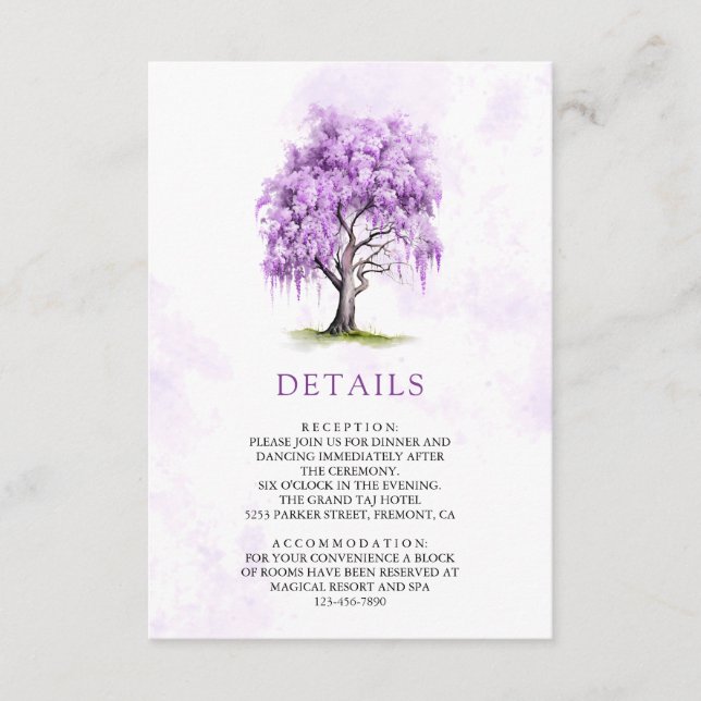 Purple Wisteria Floral Tree Wedding Details Enclosure Card (Front)