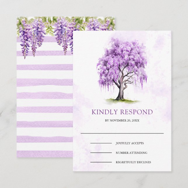 Purple Wisteria Floral Tree Wedding  RSVP Card (Front/Back)