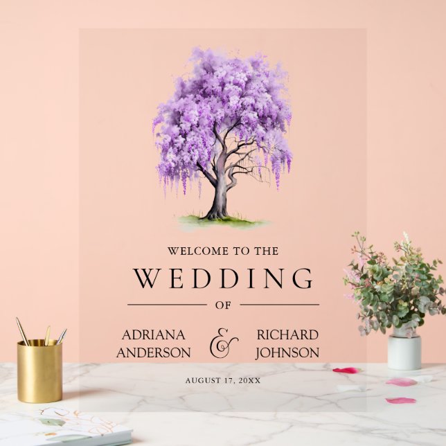 Purple Wisteria Floral Tree Wedding Welcome Sign (Wedding)