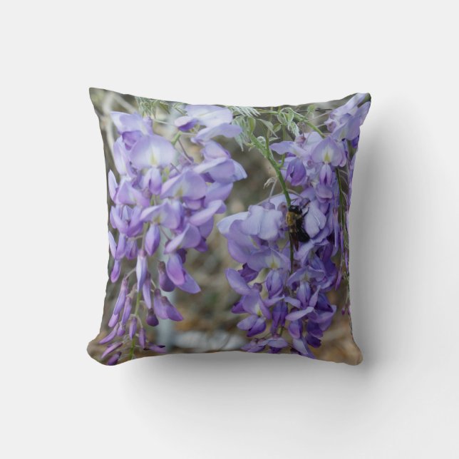 Purple Wisteria Flower with Bee Photo Throw Pillow (Front)