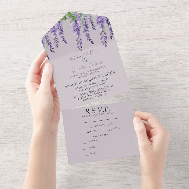 Purple Wisteria Flowers Elegant Lavender Wedding All In One Invitation (Tearaway)