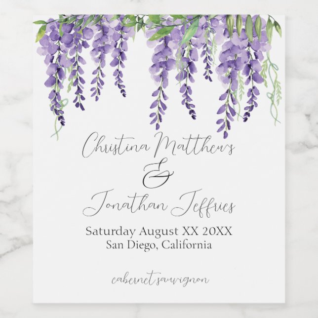 Purple Wisteria Flowers on Elegant White Wine Label (Single Label)