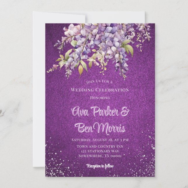 Purple Wisteria Silver Glitter Luxury Wedding Invitation (Front)