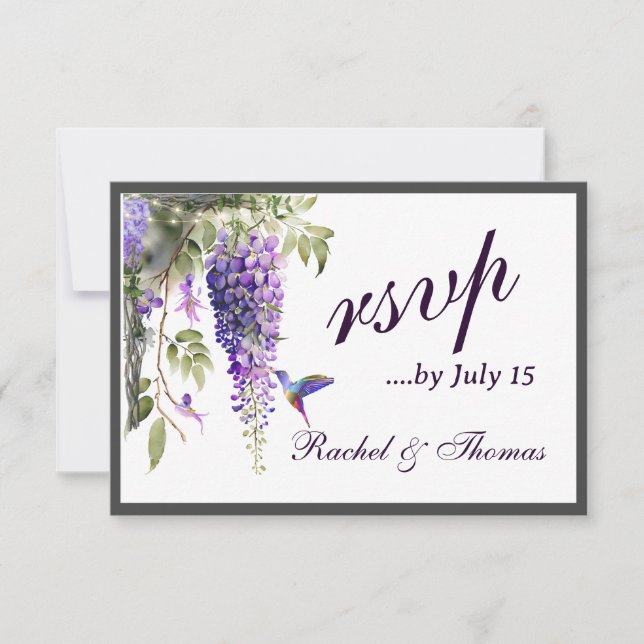 Purple Wisteria Themed Wedding RSVP Card (Front)