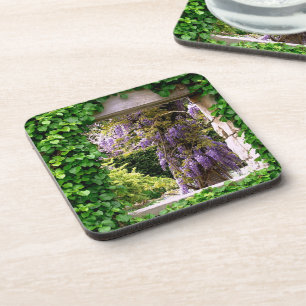 "PURPLE WISTERIA THROUGH VINE COVERED WINDOW" COASTER