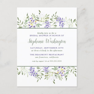 Purple Wisteria Watercolor Floral Bridal Shower Invitation Postcard