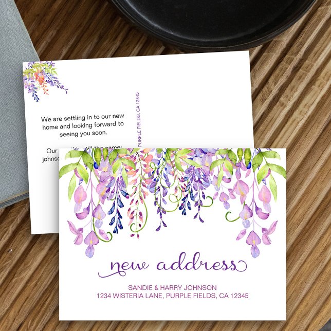 Purple Wisteria Watercolor Floral New Address Announcement Postcard (We've Moved New Address postcard with pretty purple wisteria)