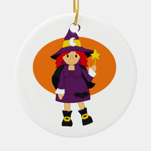 Purple witch cartoon orange behind ceramic ornament (Front)