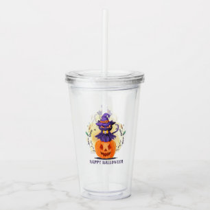 Purple Witch Cat on Pumpkin – Happy Halloween Acrylic Tumbler
