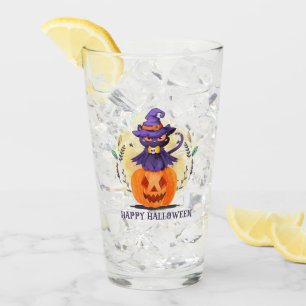 Purple Witch Cat on Pumpkin – Happy Halloween Glass