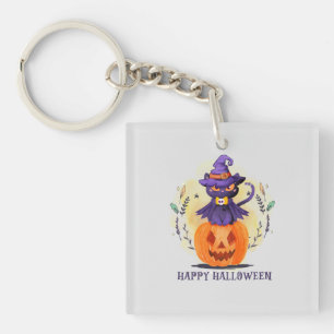 Purple Witch Cat on Pumpkin – Happy Halloween Keychain