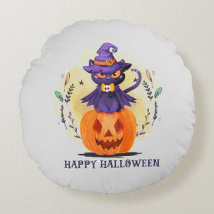 Purple Witch Cat on Pumpkin – Happy Halloween Round Pillow