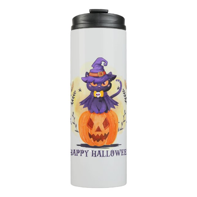 Purple Witch Cat on Pumpkin – Happy Halloween Thermal Tumbler (Front)