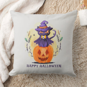 Purple Witch Cat on Pumpkin – Happy Halloween Throw Pillow