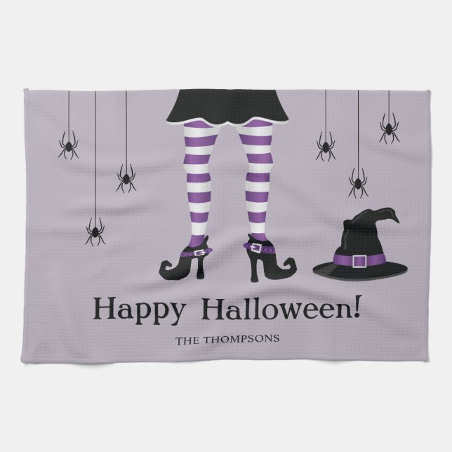 Purple Witch Legs With A Hat And Spiders Halloween Kitchen Towel (Horizontal)