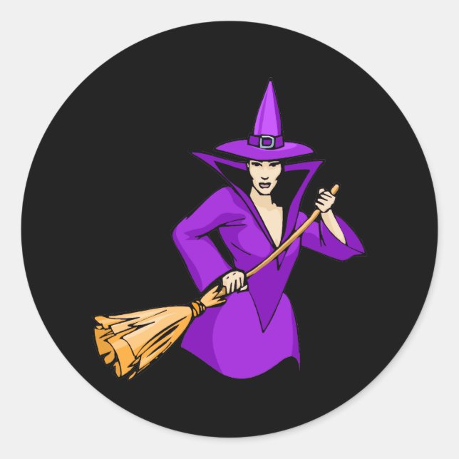 Purple Witch with Broom Classic Round Sticker (Front)
