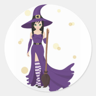 Purple Witch with Broom  Classic Round Sticker