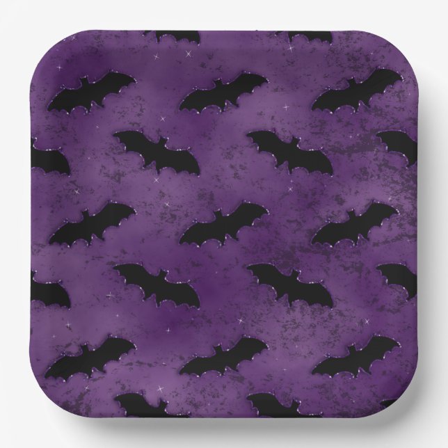 PURPLE WITH BLACK HALLOWEEN BATS PAPER PLATE (Front)