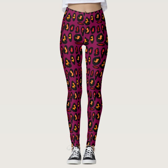 Purple with black red and marmalade tiny patterns leggings (Front)