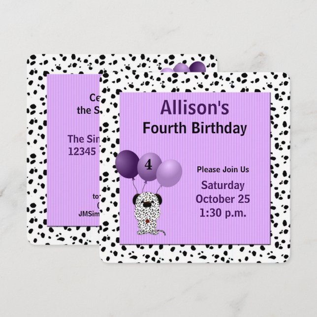 Purple with Dalmations 4th Birthday Party Invitation (Front/Back)