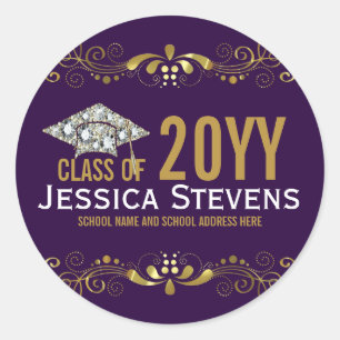Purple With Faux Gold Lace & Diamonds Grad Hat Classic Round Sticker