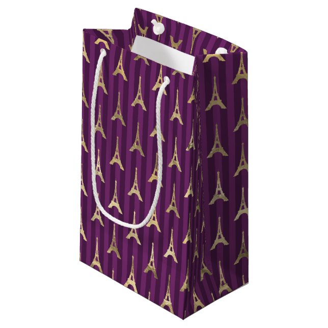PURPLE WITH GOLD EIFFEL TOWERS SMALL GIFT BAG (Front Angled)