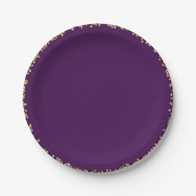 Purple with Gold Glitter Glam Birthday Party Paper Plate (Front)