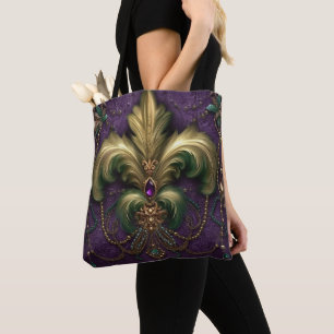 PURPLE WITH GREEN & GOLD MARDI GRAS FLEUR DI LIS TOTE BAG