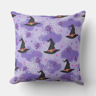 PURPLE WITH HALLOWEEN WITCHES HATS & SPIDERS THROW PILLOW