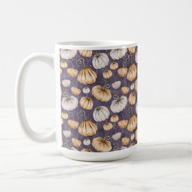 PURPLE WITH ORANGE & CREAM AUTUMN PUMPKINS COFFEE MUG (Left)