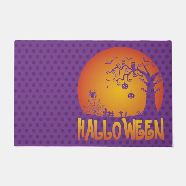 PURPLE WITH ORANGE SPOOKY NIGHT TREES PUMPKINS DOORMAT (Front)